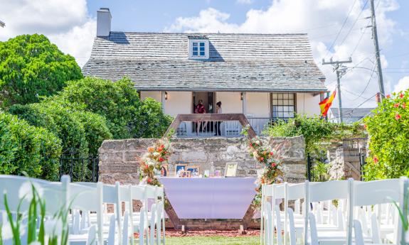 The secluded courtyard prepared for a wedding at Bayfront Marin House in St. Augustine.