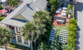 An aerial view of the secluded courtyard available through Bayfront Marin House Weddings in St. Augustine.