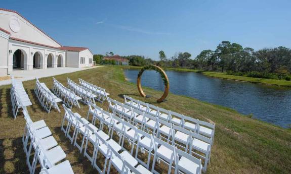 The patio and lawn area outside of Celebration Hall in St. Augustine.