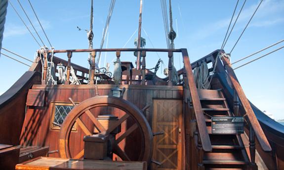 Ship's wheel on El Galeon in St. Augustine, Florida.