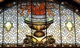 A stained-glass window depicting eternal flame at Flagler College, the former Ponce de Leon Hotel, in St. Augustine.
