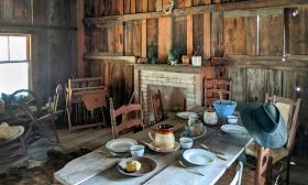 The main room of the preserved Cracker House at the Florida Agricultural Museum near St. Augustine, FL.