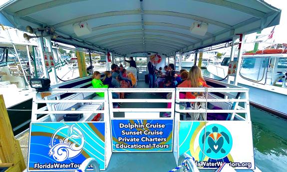 One of the pontoon boats for Florida Water Tours leaves the dock in St. Augustine.