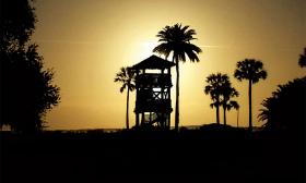 The Fountain of Youth's watch tower at sunrise in St. Augustine, Florida.