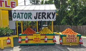 A stand selling gator jerky at the Pecan Outlet