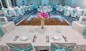 One of the rooms ready for a wedding reception at Guy Harvey Resort St. Augustine Beach.