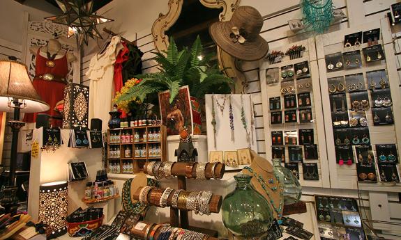 A display of hats and jewelry at Gypsy Moon boutique in St. Augustine, Florida on St. George Street.