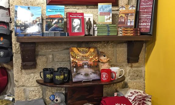 A corner dedicated to Henry Flagler books, mugs, and shirts