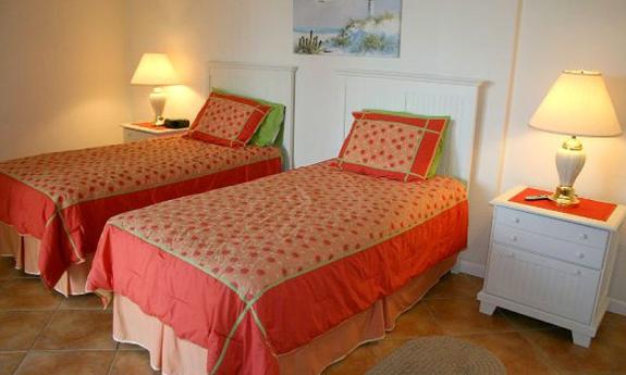 Colorful twin bedroom at Captains Quarters. 