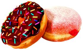 A chocolate frosted with rainbow sprinkles donut and a powdered jelly donut