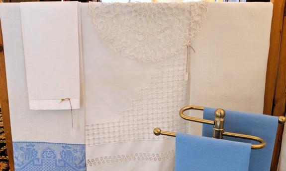 Vintage linen, embroidered and edged in blue, from England to St. Augustine for your shopping pleasure.