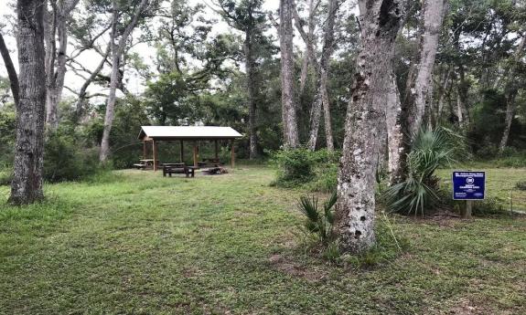 The picnic facility surrounded by trees and shrubbery