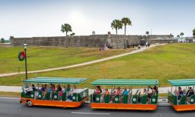 Old Town Trolley Tour in front of The Castillo de San Marcos