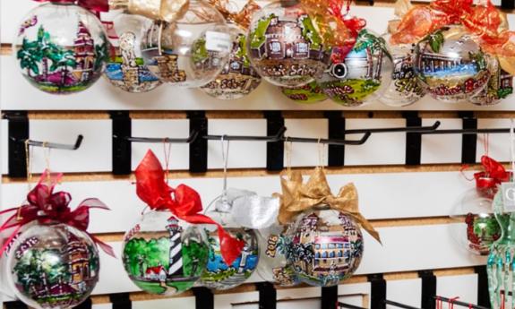 Ornaments featuring St. Augustine Landmarks at Perky Pelican on San Marco Avenue.