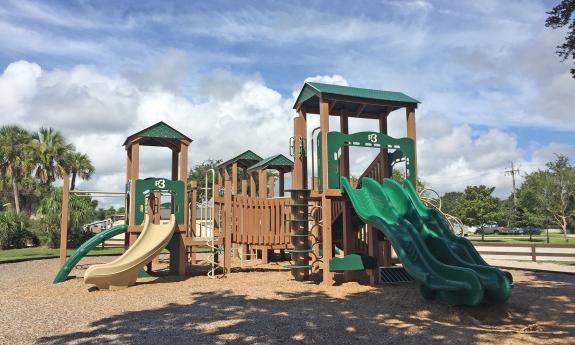 A section of the playground with slides and opportunities to climb