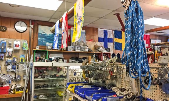 Rope and line for sale, and sailing flags, at Sailor's Exchange on West King Street.