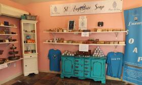 A wall of products on the shelves in St. Augustine Soap in historic downtown of St. Augustine.