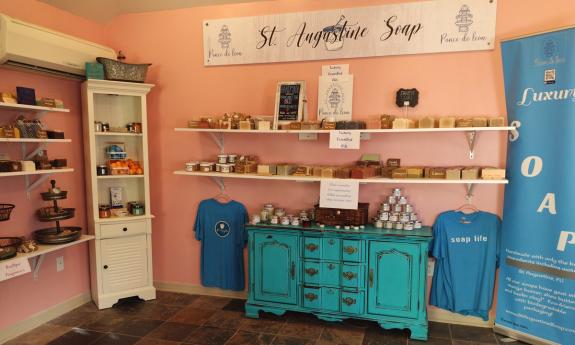 A wall of products on the shelves in St. Augustine Soap in historic downtown of St. Augustine.