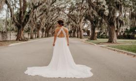 Showcasing a Tebault Bridal gown on Magnolia Street in St. Augustine, Florida.