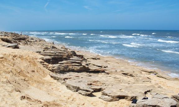 The coquina rocks along the beach shoreline