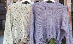 Crop Sweaters in oatmeal and violet at Wild Raven Boutique in St. Augustine.