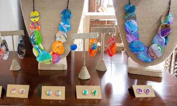 Colorful necklaces and earings at Zora Bora Gallery in St. Augustine.