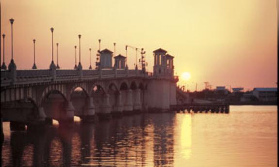 Sunrise on the Bridge of Lions in historic St. Augustine, Florida.