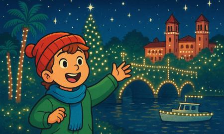 A cartoon image of a child looking at the Nights of Lights.
