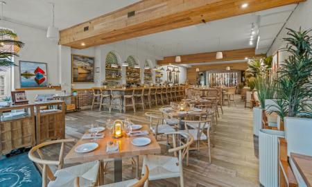 The indoor dining and bar space