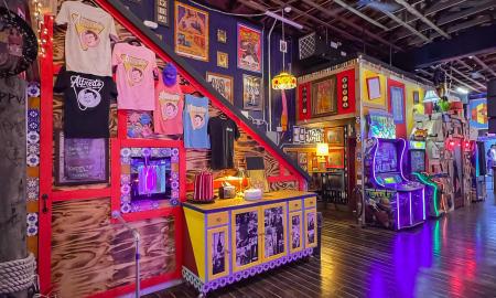 Merchandise and arcade games lining the walls