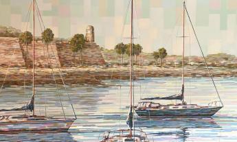Detail of a painting by Linda Sperruzzi, featuring sailboats moored in front of St. Augustine's Castillo