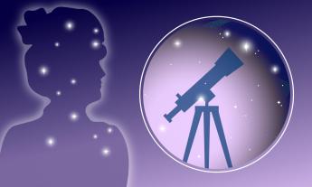 A sillouette of a woman and a telescope, against a purple star-studded background