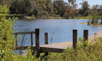 The dock on the stocked pond at the edge of Hideaway Trail