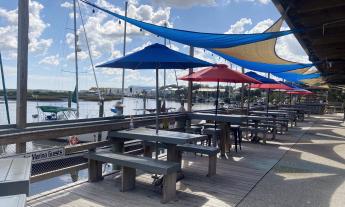 The covered patio seating area for guests