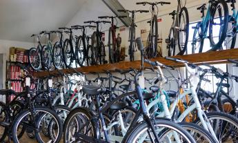 An assortment of bicycles arranged on the rack and ground floor