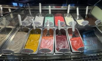 The wide selection of gelato flavors on display