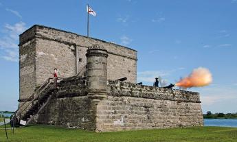 Cannon firing at Fort Matanzas historical site in St. Augustine.