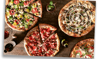View of different pizzas offered by Mellow Mushroom