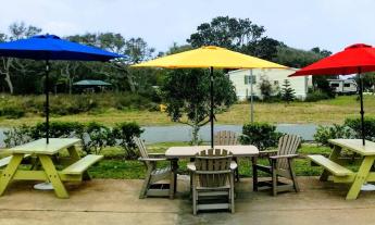 The outside seating area with umbrellas