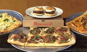 A variety of pizzas and sandwiches available at Romano's