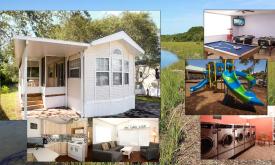 A college of photos from Ocean Grove RV Resort, showing one of their small vacation homes and two interior photos, plus a photo of the indoor recreation room, the playground, and the laundry facility.