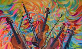 Section of a colorful painting by Anna Miller featuring stringed instruments and an oboe