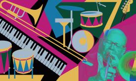 Colorful art featuring various instruments, and a man playing a trombone