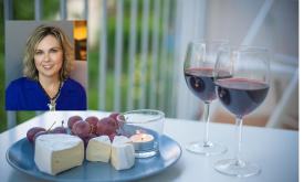 A display of wine and cheese, with an author inset in the upper left