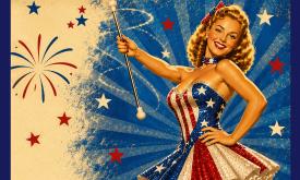 A fifties majorette in red white and blue celebrating the 4th