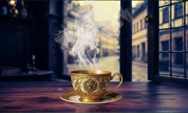 A china cup of coffee on a saucer in front of a window in a home in Europe