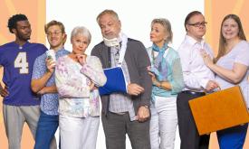 The seven cast members of A Classic Theatre's production of "Grand Horizons" in character