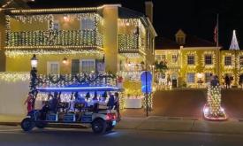 A St. Augustine Land and Sea golf cart getting ready to take visitors on the Nights of Lights tour. 