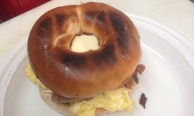 Bagel breakfast sandwich from the Cheese Wheel.