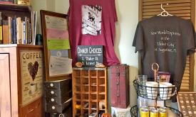The coffee shop sells T-Shirt and other gifts for foodies and coffee enthusiasts.